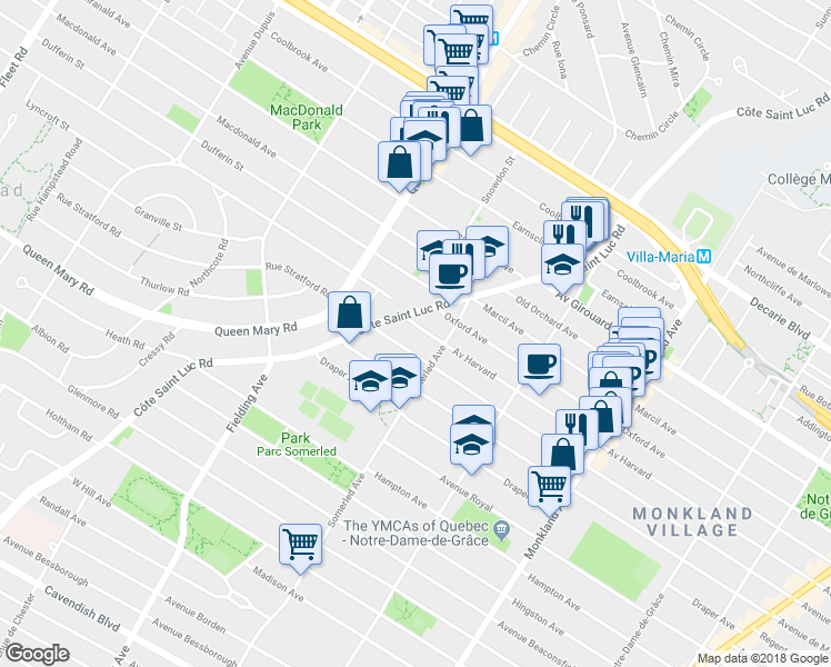 map of restaurants, bars, coffee shops, grocery stores, and more near 4842 Avenue Harvard in Montréal