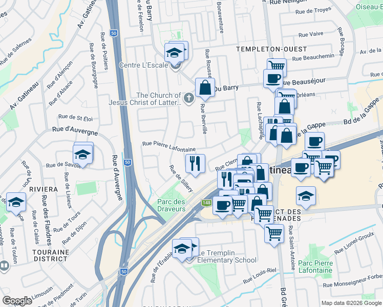 map of restaurants, bars, coffee shops, grocery stores, and more near 392 Rue Pierre Lafontaine in Gatineau