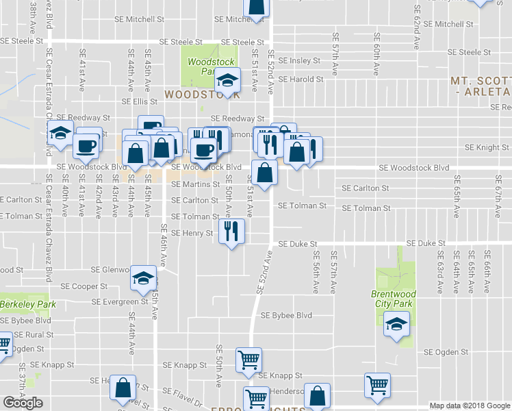 map of restaurants, bars, coffee shops, grocery stores, and more near 5105 Southeast Tolman Street in Portland
