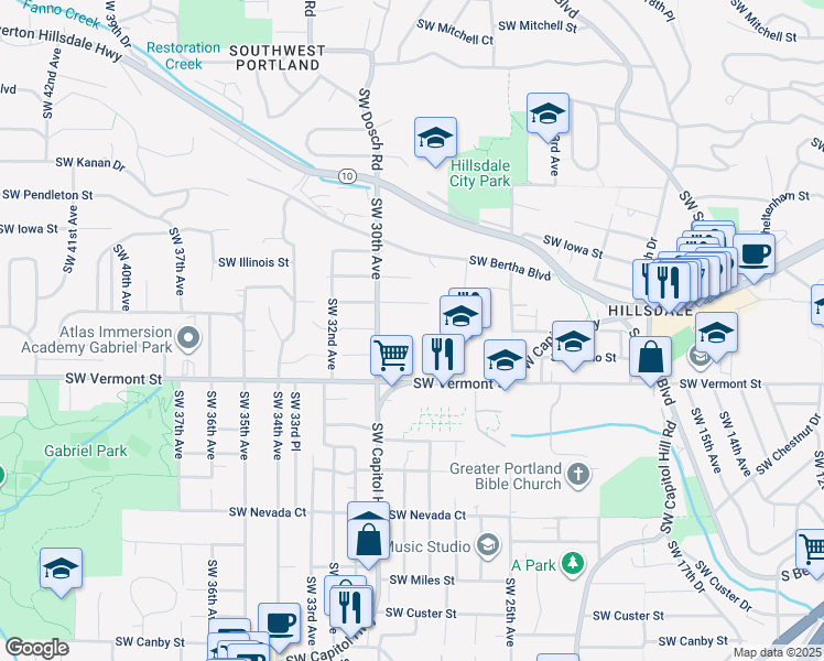 map of restaurants, bars, coffee shops, grocery stores, and more near 6680 Southwest Capitol Highway in Portland