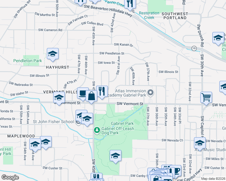 map of restaurants, bars, coffee shops, grocery stores, and more near 4323 Southwest Idaho Drive in Portland