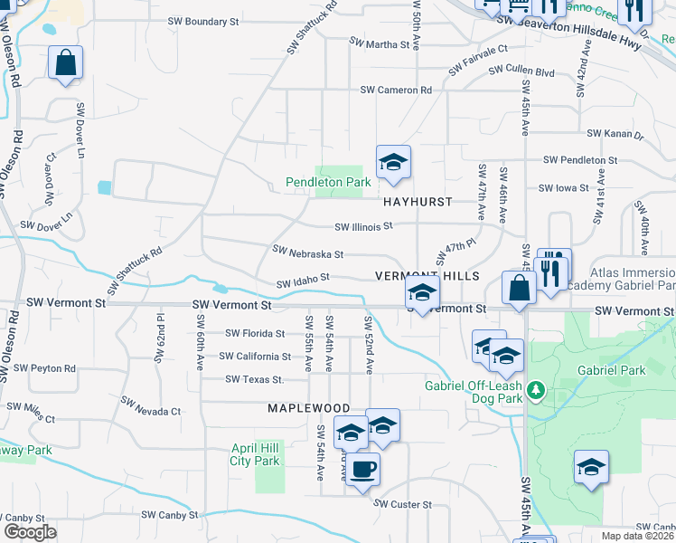 map of restaurants, bars, coffee shops, grocery stores, and more near 5252 Southwest Idaho Street in Portland