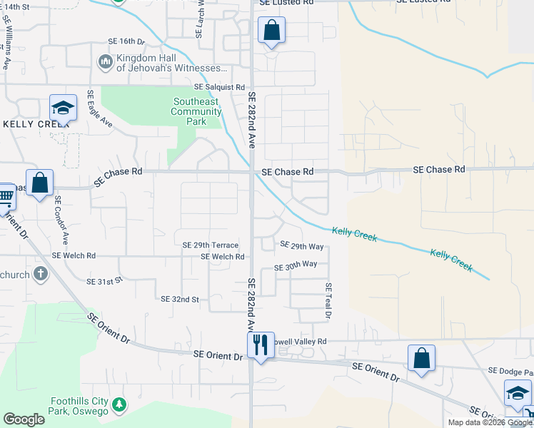 map of restaurants, bars, coffee shops, grocery stores, and more near 6055 Southeast 28th Street in Gresham