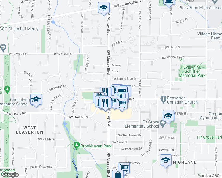 map of restaurants, bars, coffee shops, grocery stores, and more near 5870 Southwest Murray Boulevard in Beaverton