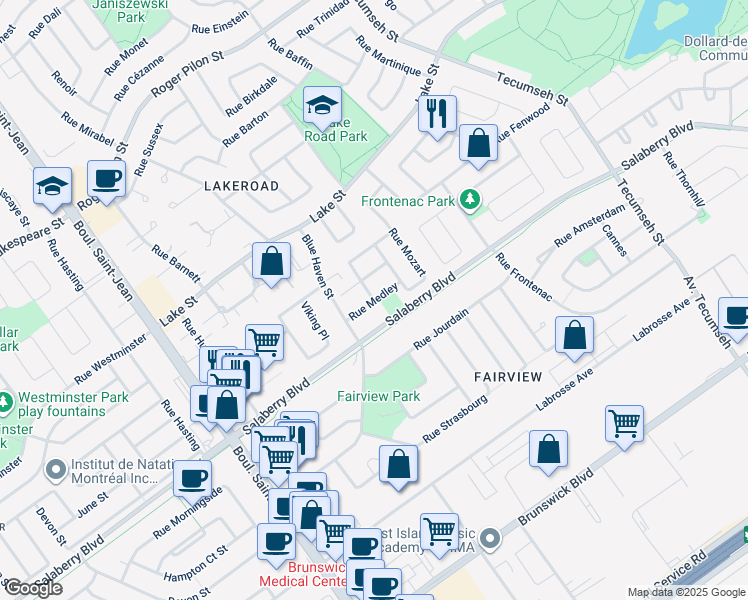 map of restaurants, bars, coffee shops, grocery stores, and more near Rue Medley in Dollard-des-Ormeaux