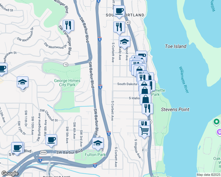 map of restaurants, bars, coffee shops, grocery stores, and more near 6425 Southwest Corbett Avenue in Portland