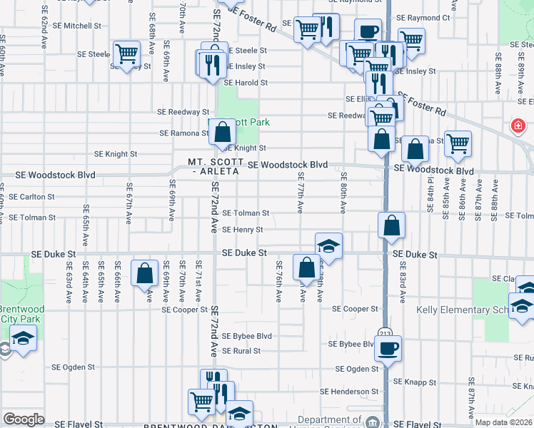 map of restaurants, bars, coffee shops, grocery stores, and more near 7439 Southeast Henry Street in Portland