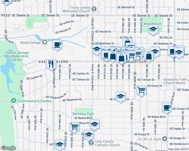 map of restaurants, bars, coffee shops, grocery stores, and more near 3928 Southeast Tolman Street in Portland