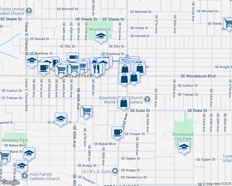 map of restaurants, bars, coffee shops, grocery stores, and more near 5105 Southeast Tolman Street in Portland
