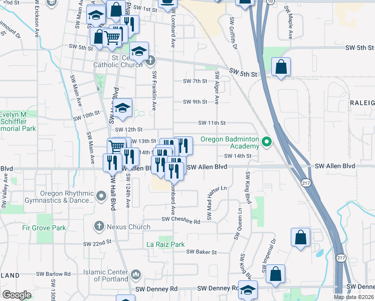 map of restaurants, bars, coffee shops, grocery stores, and more near 11870 Southwest 13th Street in Beaverton