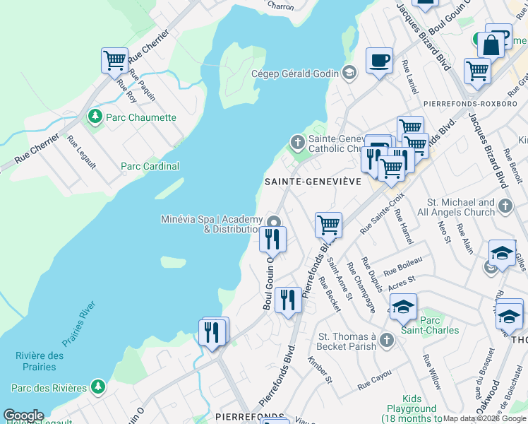 map of restaurants, bars, coffee shops, grocery stores, and more near 16319 Boulevard Gouin Ouest in Montréal