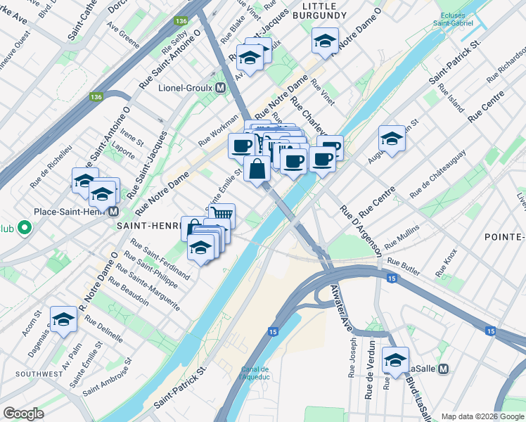 map of restaurants, bars, coffee shops, grocery stores, and more near 3655 Rue des Lacquiers in Montréal