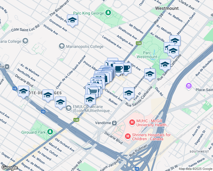 map of restaurants, bars, coffee shops, grocery stores, and more near 4930B Rue Sherbrooke Ouest in Westmount