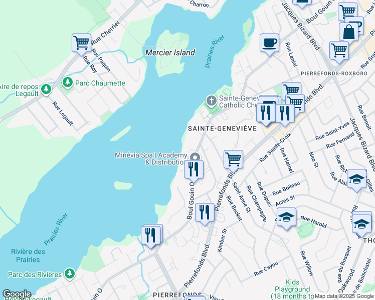 map of restaurants, bars, coffee shops, grocery stores, and more near 16319 Boulevard Gouin Ouest in Montréal
