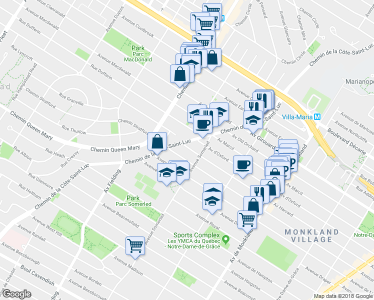 map of restaurants, bars, coffee shops, grocery stores, and more near 4842 Avenue Harvard in Montréal