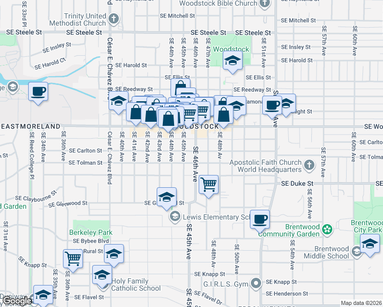 map of restaurants, bars, coffee shops, grocery stores, and more near 6230 Southeast 45th Avenue in Portland