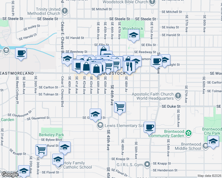 map of restaurants, bars, coffee shops, grocery stores, and more near 4590 Southeast Carlton Street in Portland