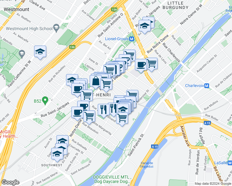 map of restaurants, bars, coffee shops, grocery stores, and more near 219 Rue Maria in Montréal