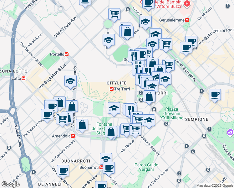 map of restaurants, bars, coffee shops, grocery stores, and more near 3 Piazza Tre Torri in Milano
