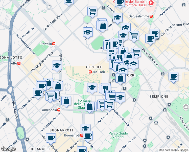 map of restaurants, bars, coffee shops, grocery stores, and more near 3 Piazza Tre Torri in Milano