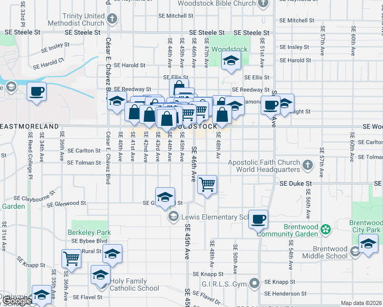 map of restaurants, bars, coffee shops, grocery stores, and more near 6230 Southeast 45th Avenue in Portland