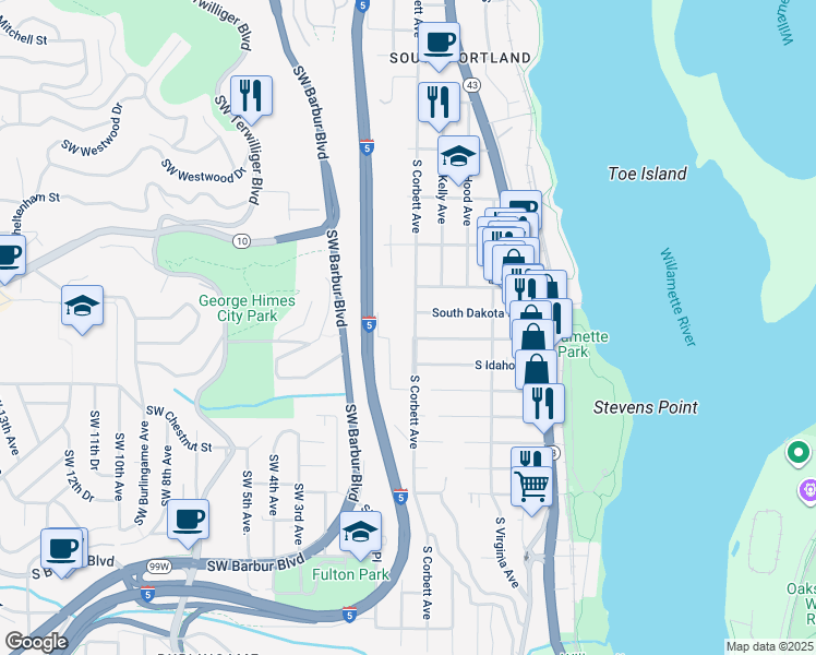 map of restaurants, bars, coffee shops, grocery stores, and more near 6524 Southwest View Point Terrace in Portland