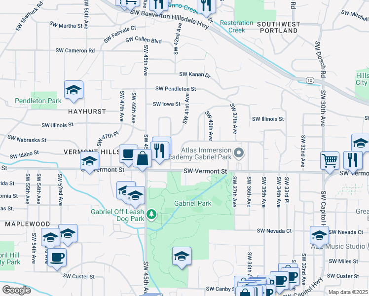 map of restaurants, bars, coffee shops, grocery stores, and more near 4118 Southwest Idaho Terrace in Portland