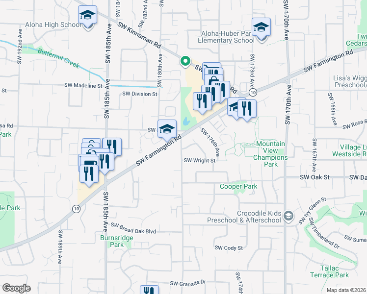 map of restaurants, bars, coffee shops, grocery stores, and more near 17895 Southwest Wright Street in Beaverton