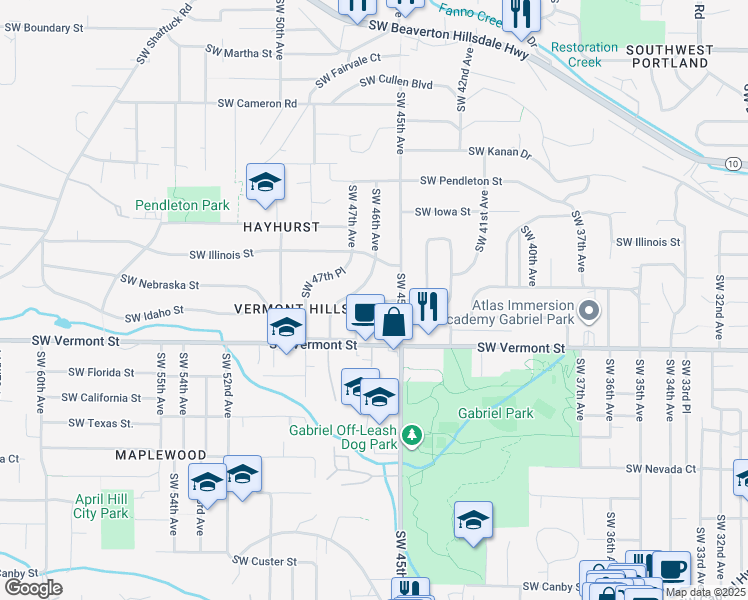 map of restaurants, bars, coffee shops, grocery stores, and more near 4556 Southwest Idaho Drive in Portland