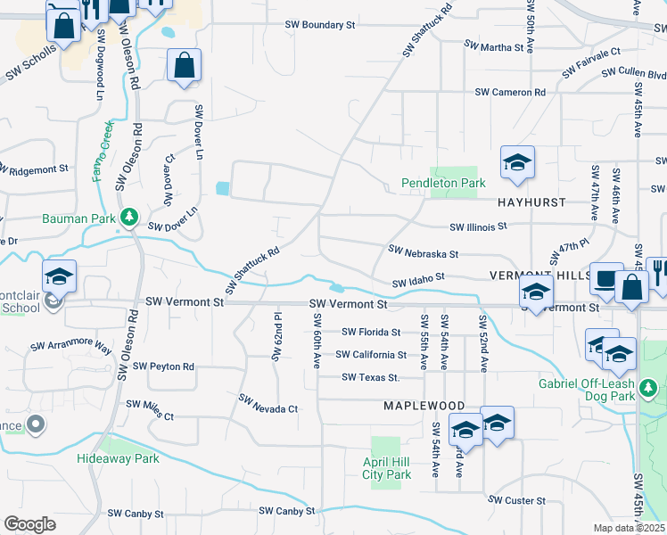 map of restaurants, bars, coffee shops, grocery stores, and more near 5902 Southwest Idaho Street in Portland