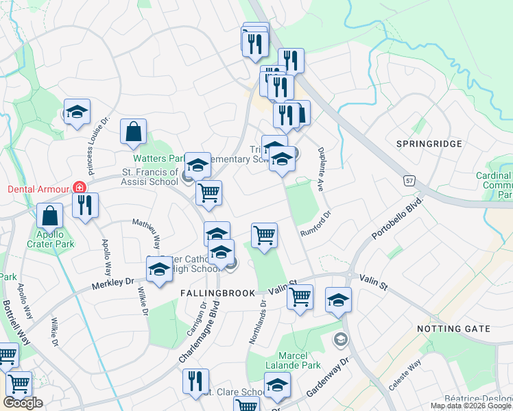 map of restaurants, bars, coffee shops, grocery stores, and more near 1011 Como Crescent in Ottawa