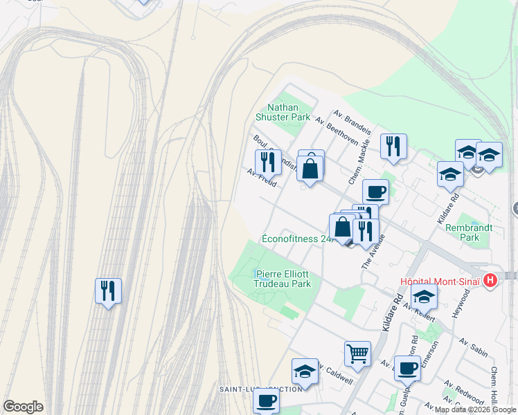 map of restaurants, bars, coffee shops, grocery stores, and more near 6770 Chemin Louis Pasteur in Montréal