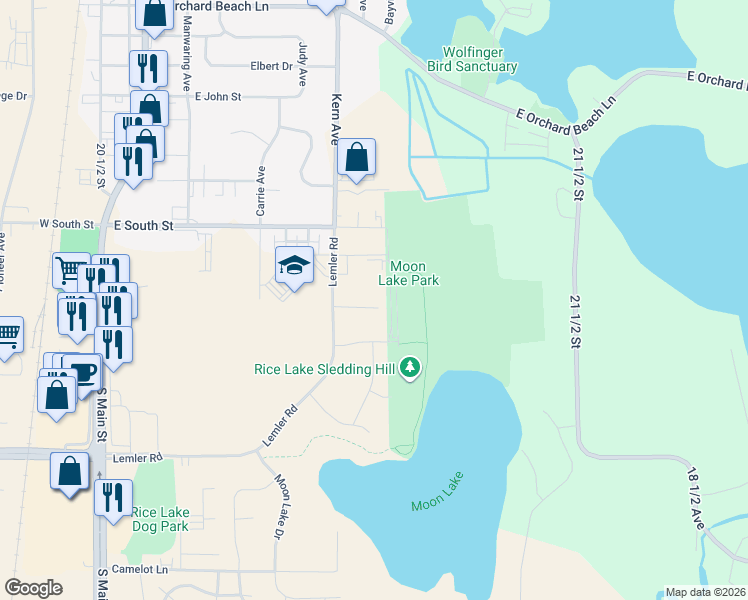 map of restaurants, bars, coffee shops, grocery stores, and more near 2015 Kern Avenue in Rice Lake