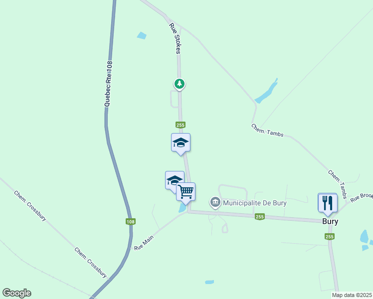 map of restaurants, bars, coffee shops, grocery stores, and more near 472 Rue Stokes in Bury