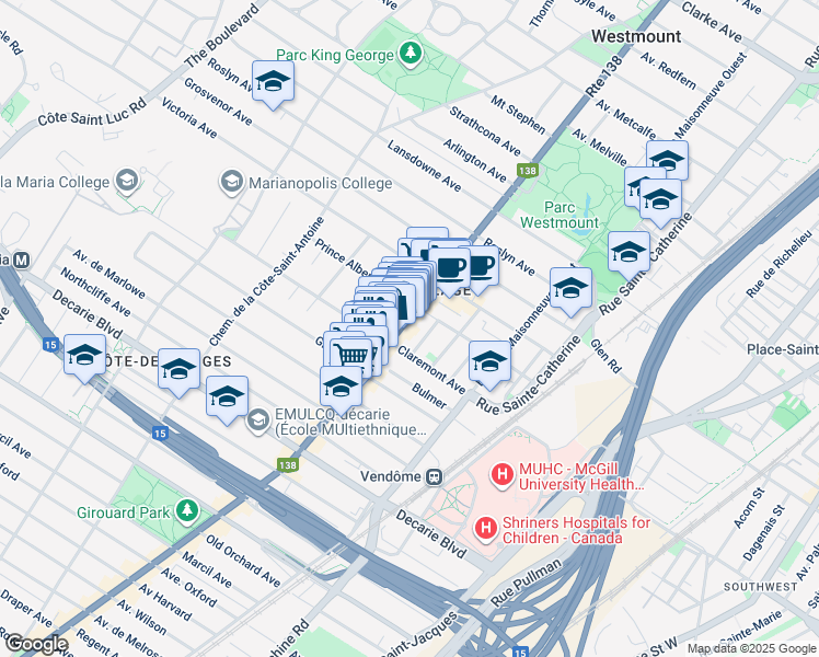 map of restaurants, bars, coffee shops, grocery stores, and more near in Westmount