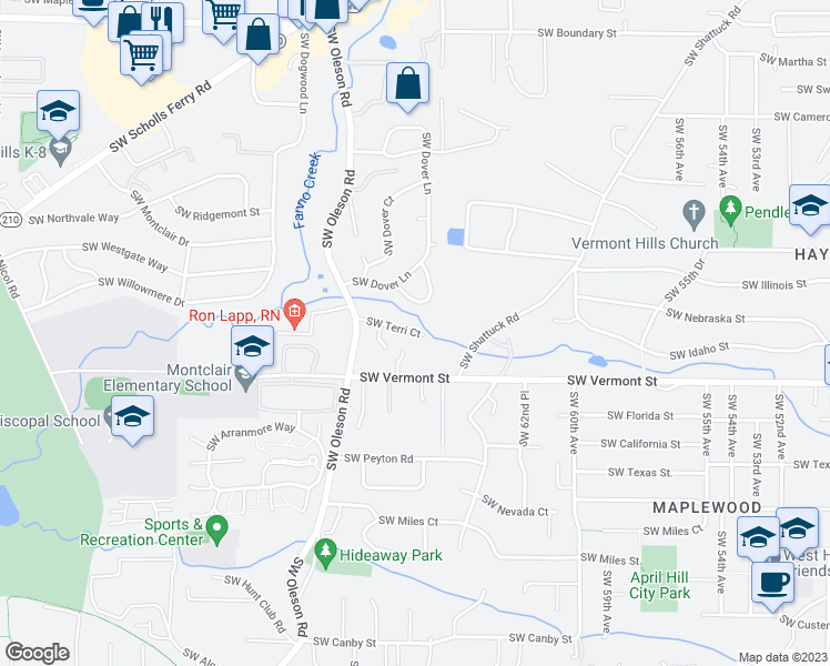 map of restaurants, bars, coffee shops, grocery stores, and more near 6565 Southwest Terri Court in Portland