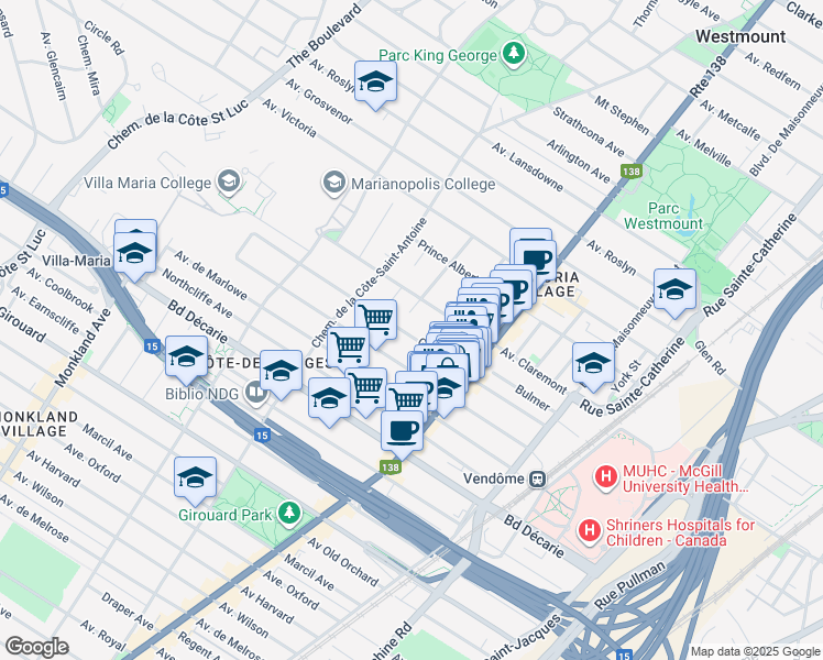 map of restaurants, bars, coffee shops, grocery stores, and more near 3493 Avenue Grey in Montréal