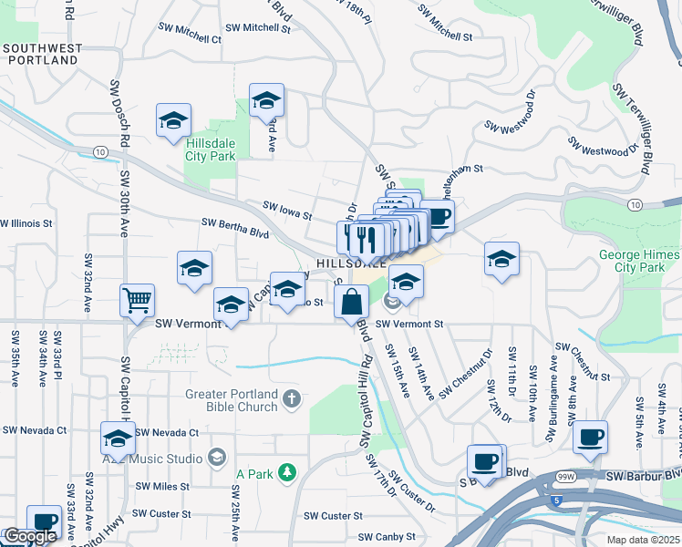 map of restaurants, bars, coffee shops, grocery stores, and more near 6388 Southwest Capitol Highway in Portland
