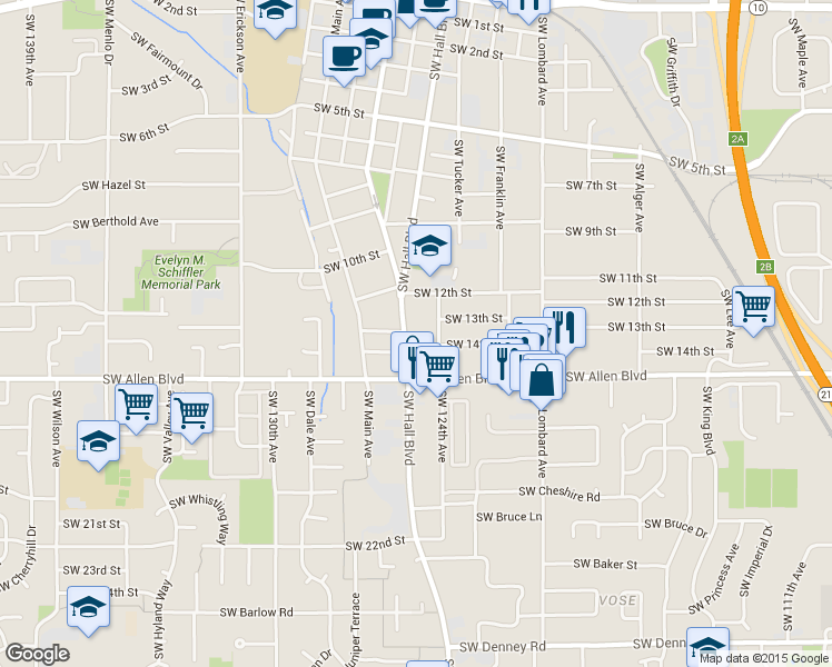 map of restaurants, bars, coffee shops, grocery stores, and more near 5970 Southwest Hall Boulevard in Beaverton