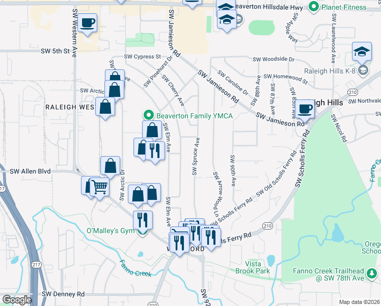 map of restaurants, bars, coffee shops, grocery stores, and more near 5950 Southwest Chestnut Avenue in Beaverton