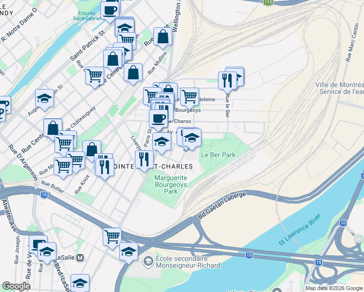 map of restaurants, bars, coffee shops, grocery stores, and more near 520 Rue Fortune in Montréal