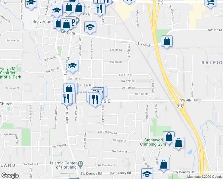 map of restaurants, bars, coffee shops, grocery stores, and more near 11870 Southwest 13th Street in Beaverton