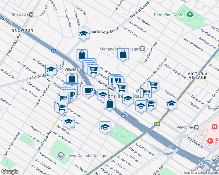 map of restaurants, bars, coffee shops, grocery stores, and more near 4055 Decarie Boulevard in Montreal