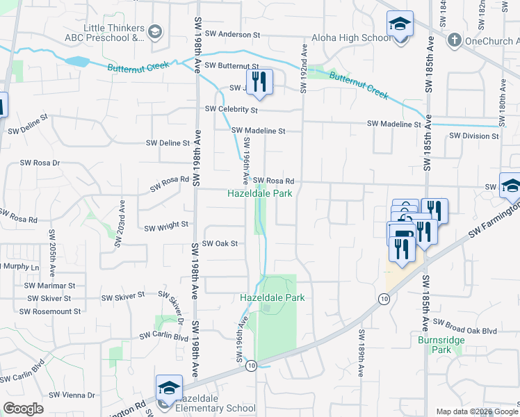 map of restaurants, bars, coffee shops, grocery stores, and more near 19500 Southwest Rosa Road in Beaverton