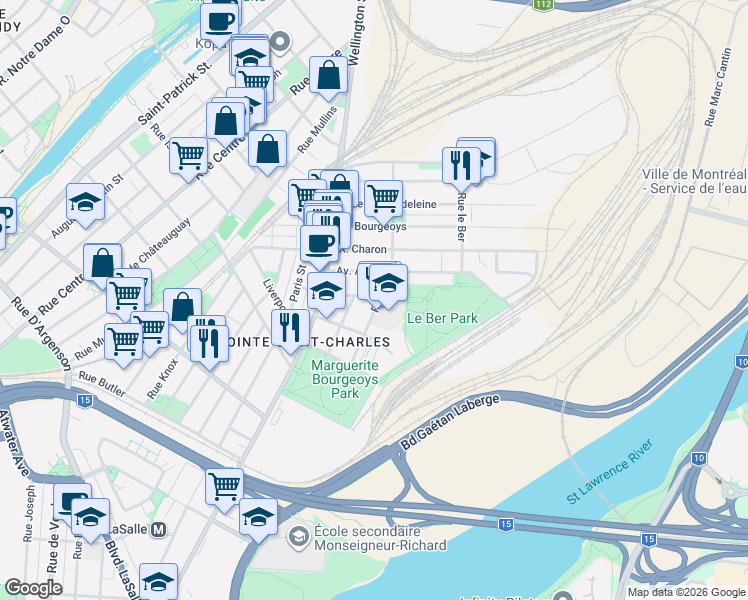 map of restaurants, bars, coffee shops, grocery stores, and more near 504 Rue Fortune in Montréal