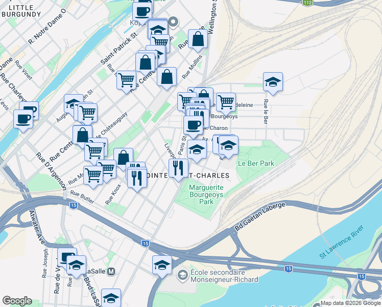 map of restaurants, bars, coffee shops, grocery stores, and more near 2111 Rue Wellington in Montréal