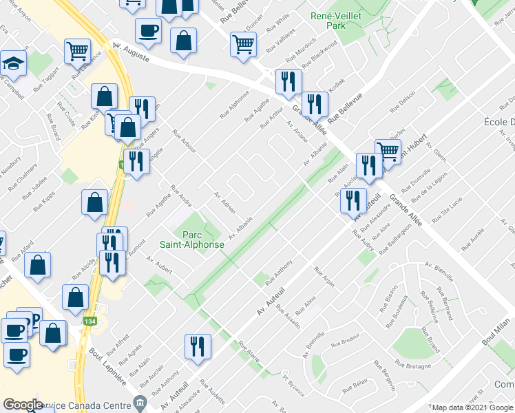 map of restaurants, bars, coffee shops, grocery stores, and more near 5930 Avenue Albanie in Brossard