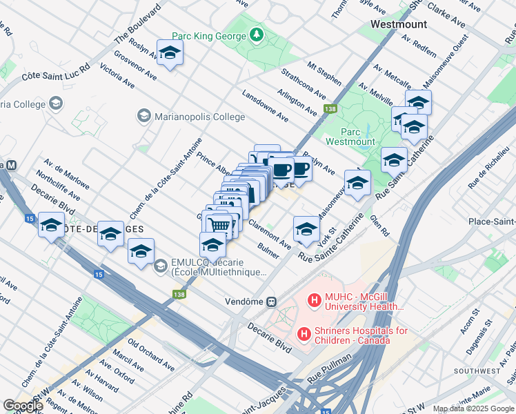 map of restaurants, bars, coffee shops, grocery stores, and more near 4930B Rue Sherbrooke Ouest in Westmount