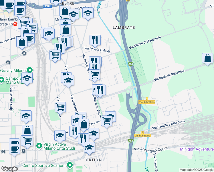 map of restaurants, bars, coffee shops, grocery stores, and more near 3 Via Caduti in Missione di Pace in Milano