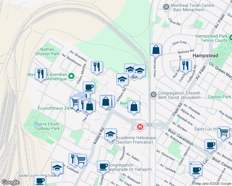 map of restaurants, bars, coffee shops, grocery stores, and more near 5765 Avenue Sir Walter Scott in Cote-Saint-Luc